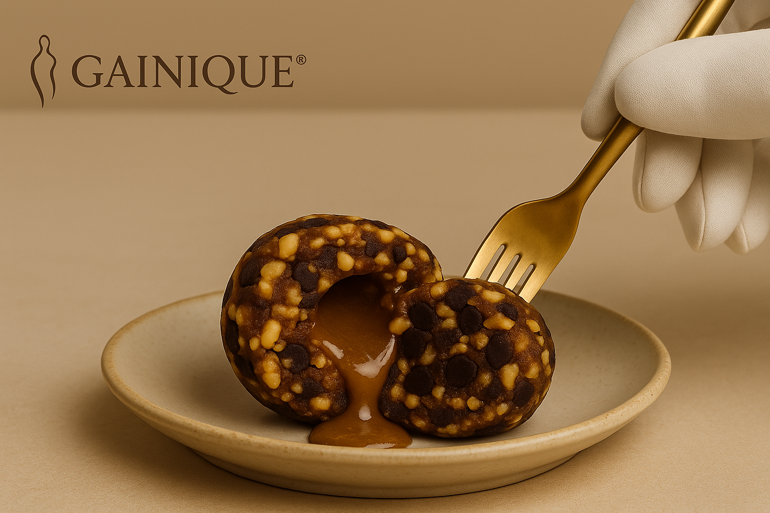 Gainique calorierijke vegan bite gevuld met karamel, eiwitrijk en 100% plantaardig voor gezonde gewichtstoename.
