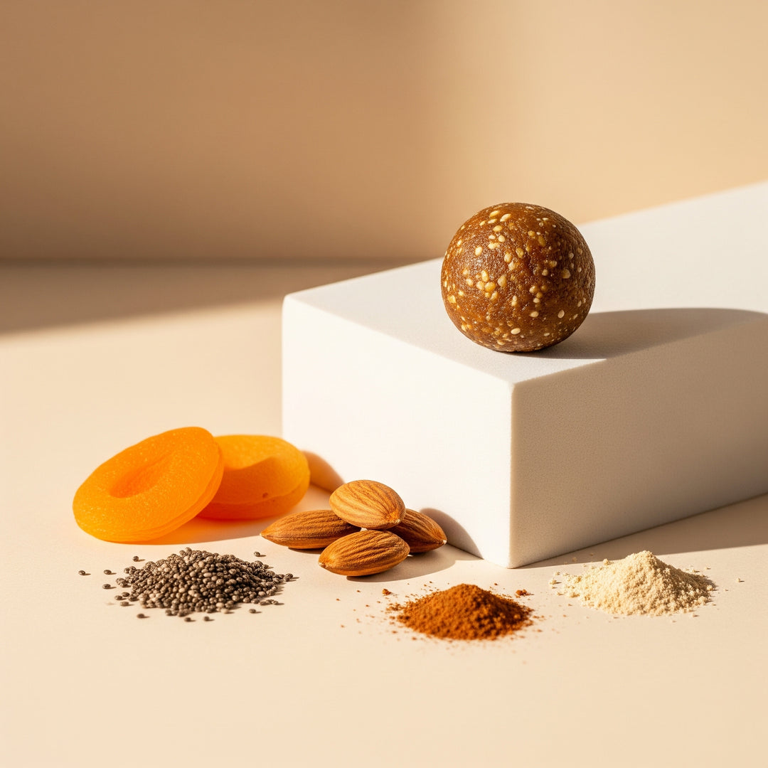 Amber Lume superfood bite met mango, abrikoos, maca en chia voor hormonale balans en herstel

