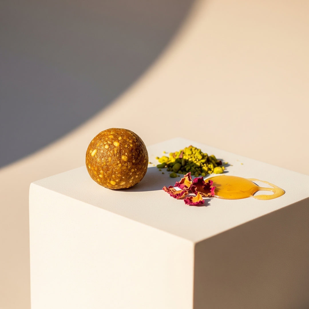 Glow Éclat superfood bite met rozenbottel, pistachenoten, mango en abrikoos voor huidverbetering en natuurlijke glow